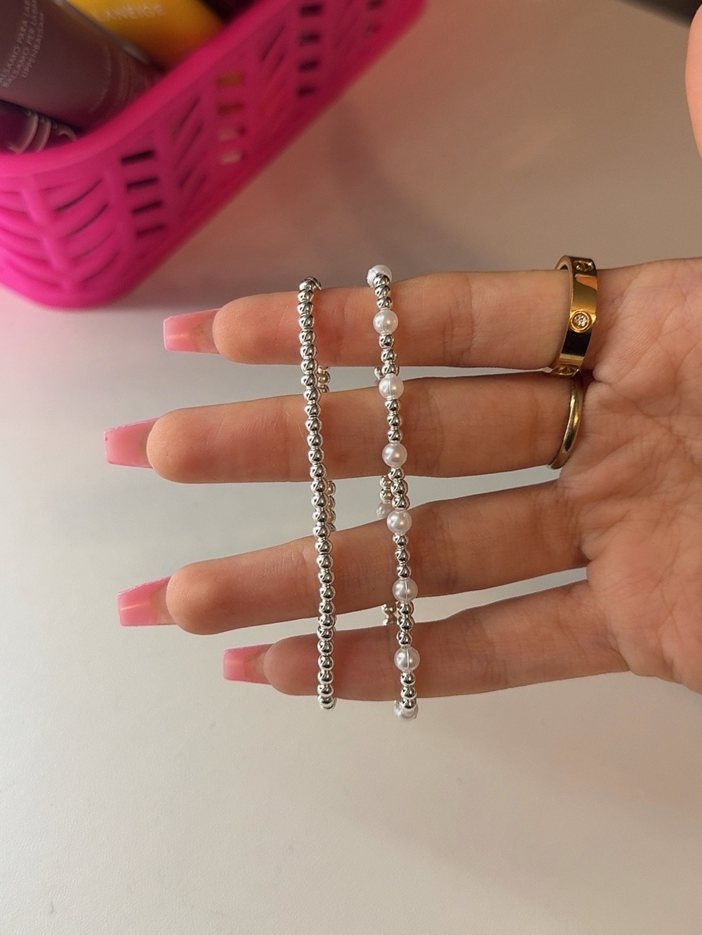 Silver Beaded Bracelet Duo with Pearls
